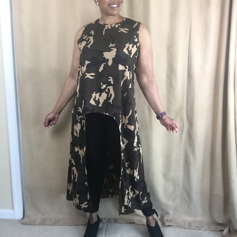 Mileage Sleeveless Hi Lo Camo Maxi Tunic Top, Size 1X